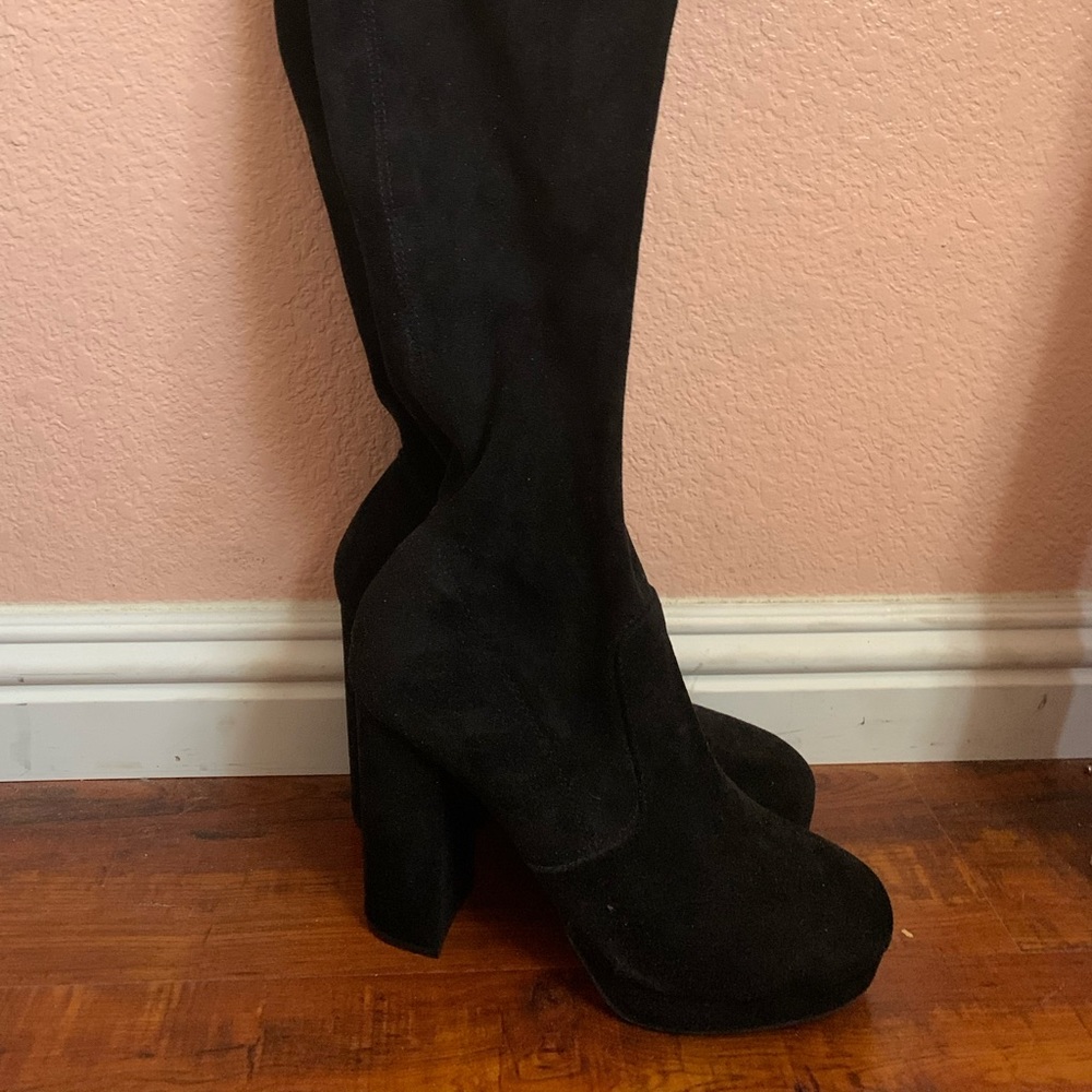 Black faux suede thigh high boots!